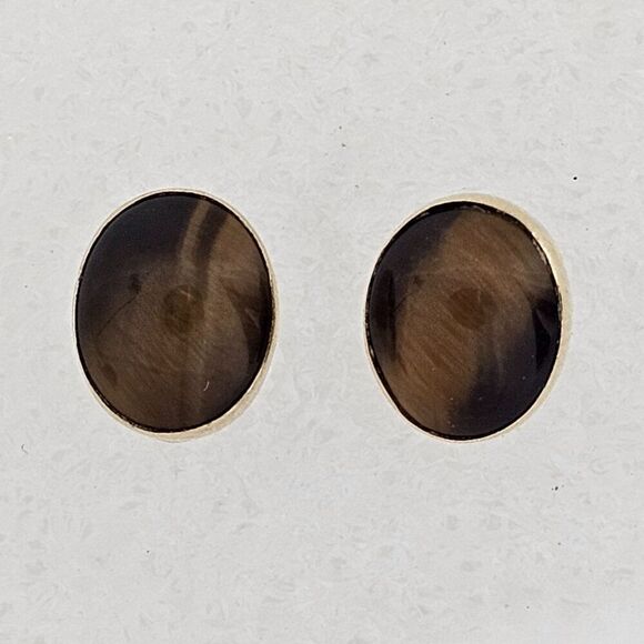 14K Yellow Gold Tiger Eye Gemstone Stone Oval Pierced Stud Earrings 2.30 Grams - Picture 1 of 12